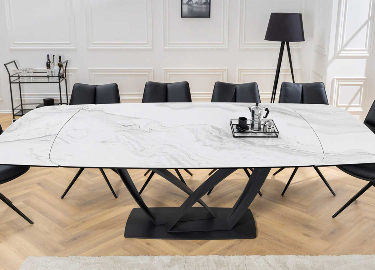 Table 10 personnes en céramique marbre blanc avec rallonge