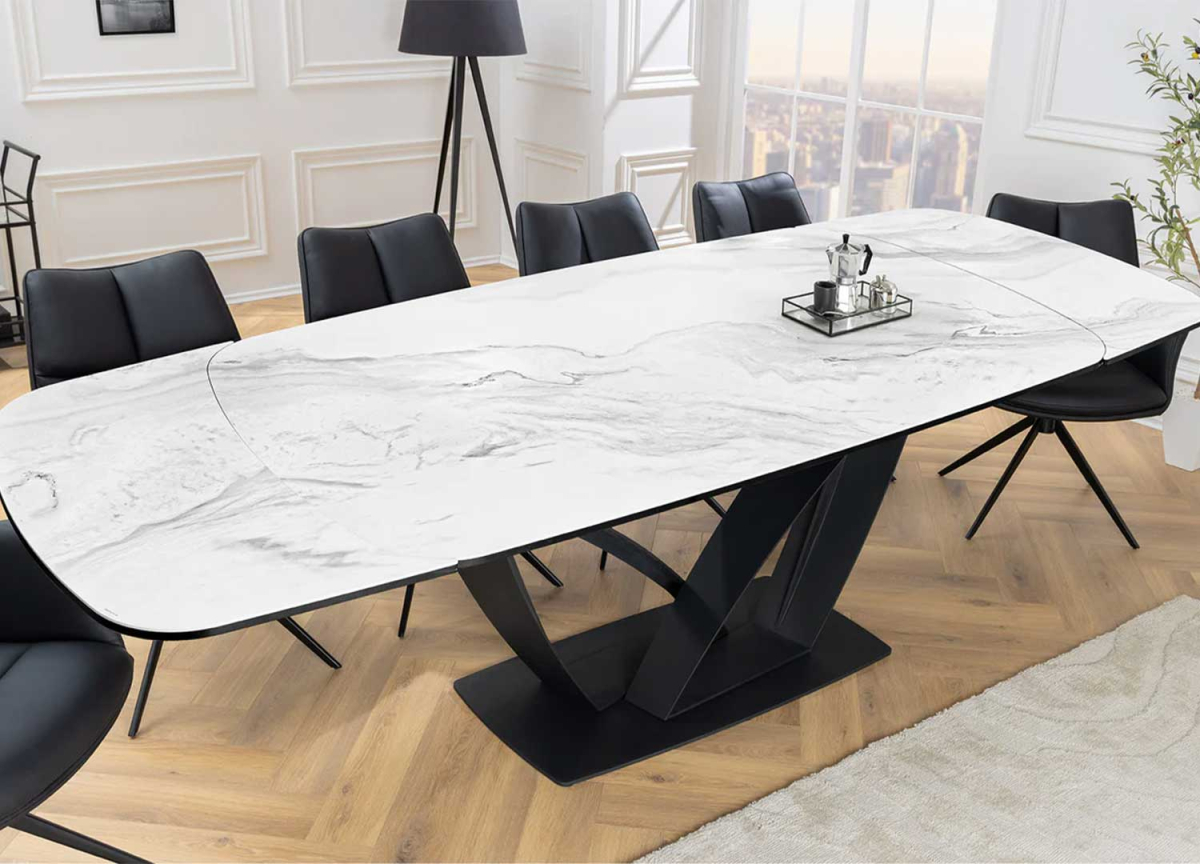 Table salle à manger design extensible céramique marbre blanc