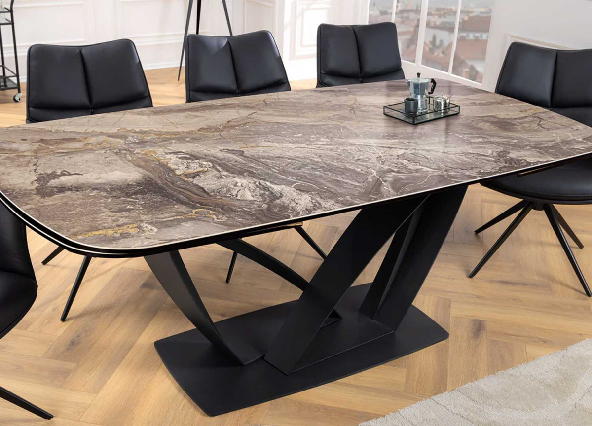 Table design minimaliste extensible céramique marbre taupe