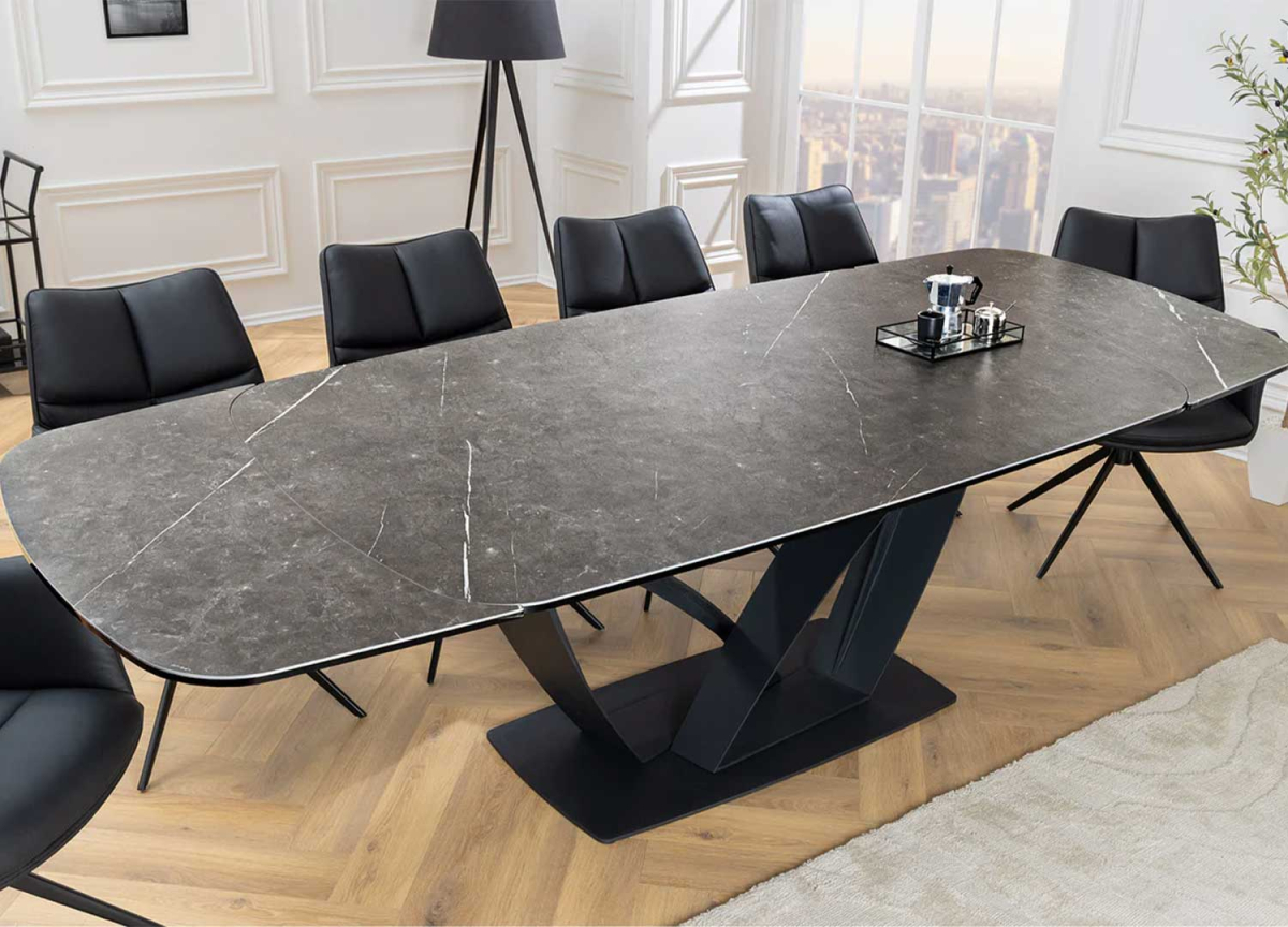 Table salle à manger design moderne en céramique gris graphite extensible