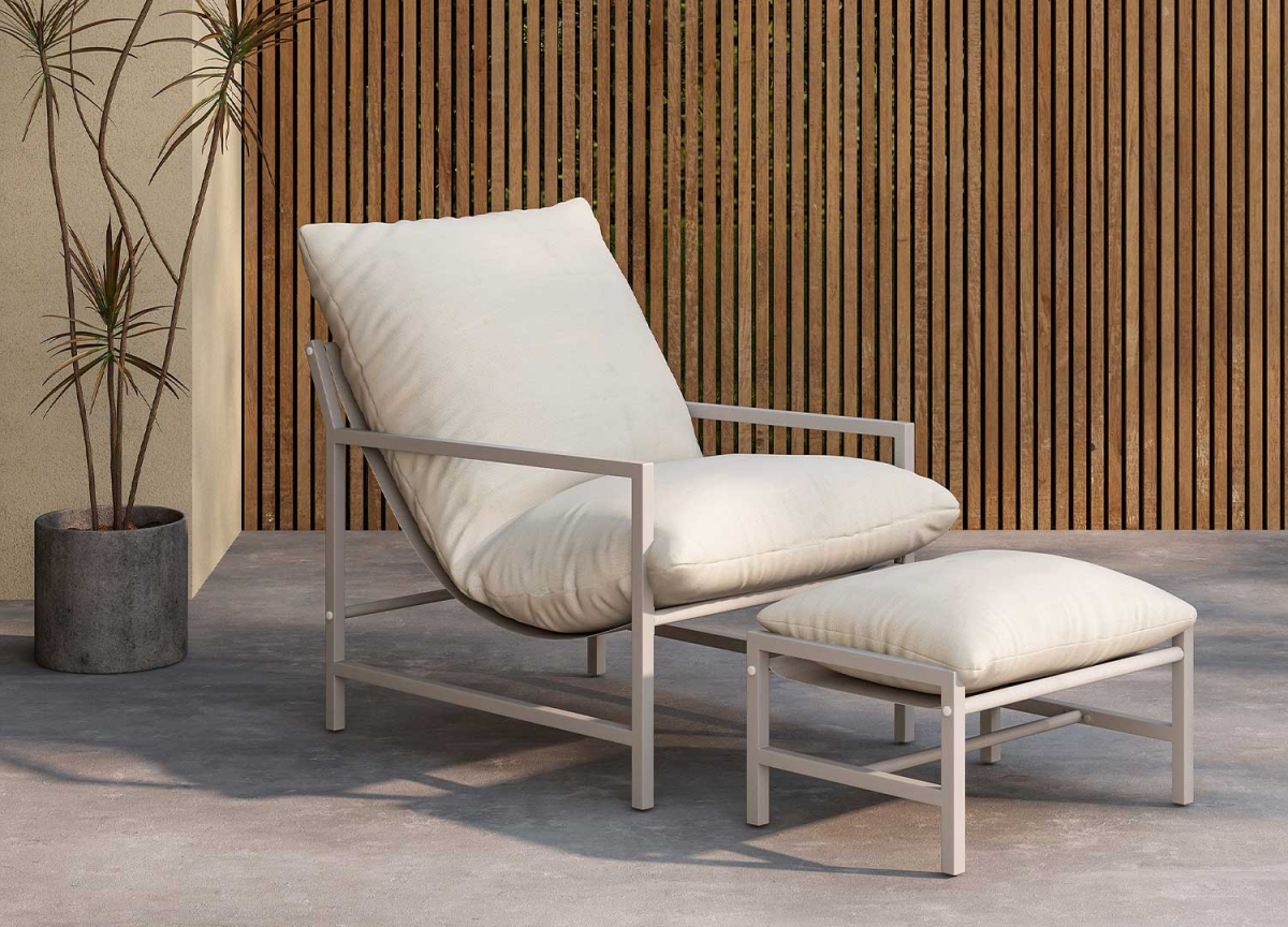 fauteuil + repose pieds en acier beige