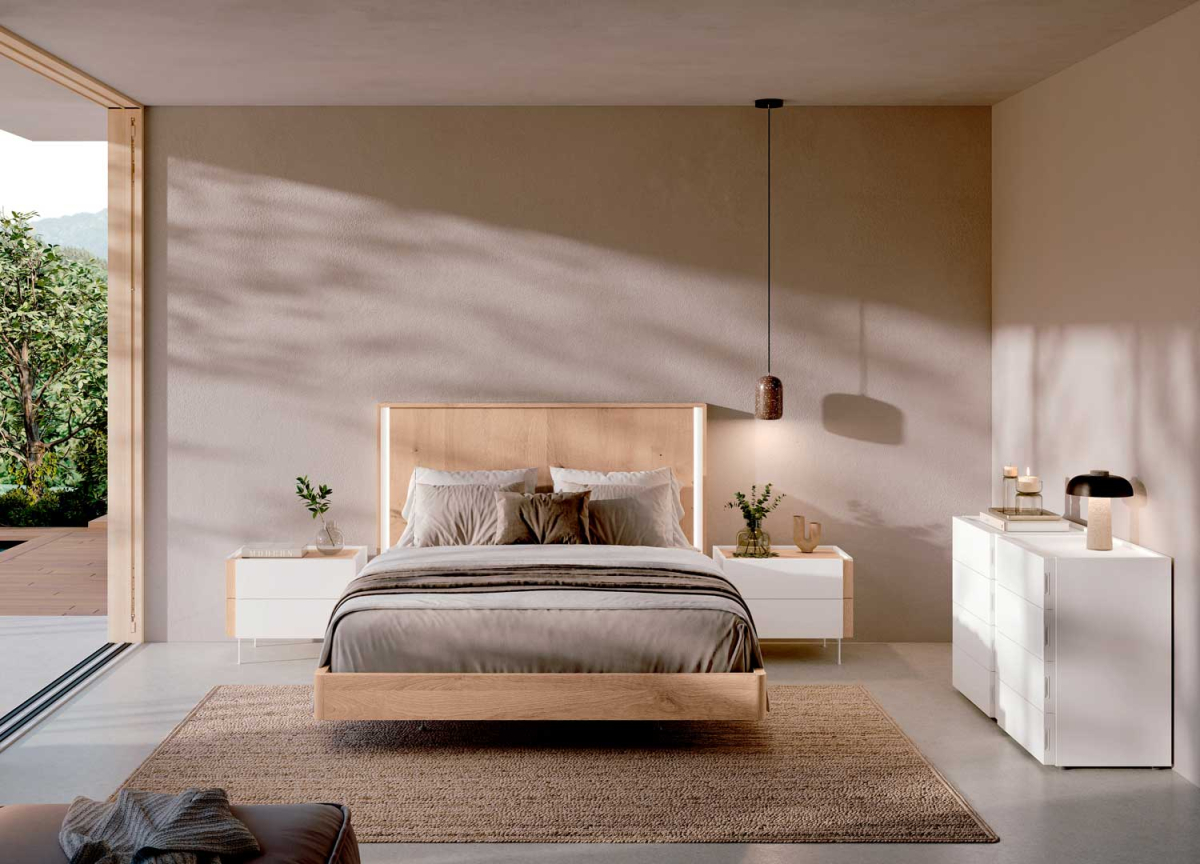Lit chambre à coucher adulte moderne blanc et bois