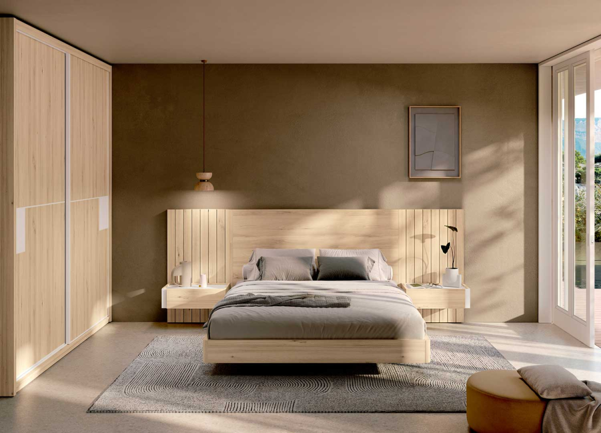 Lit adulte 2 places design moderne en bois et blanc avec chevet suspendu et tête de lit
