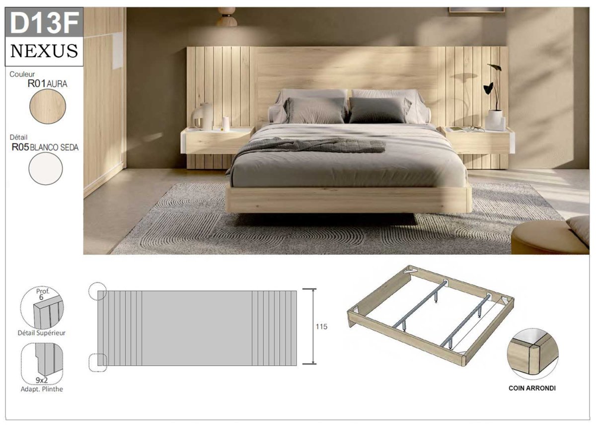 Lit Adulte 160x200-180x200 cm - Chevets Suspendus, Tête de Lit
