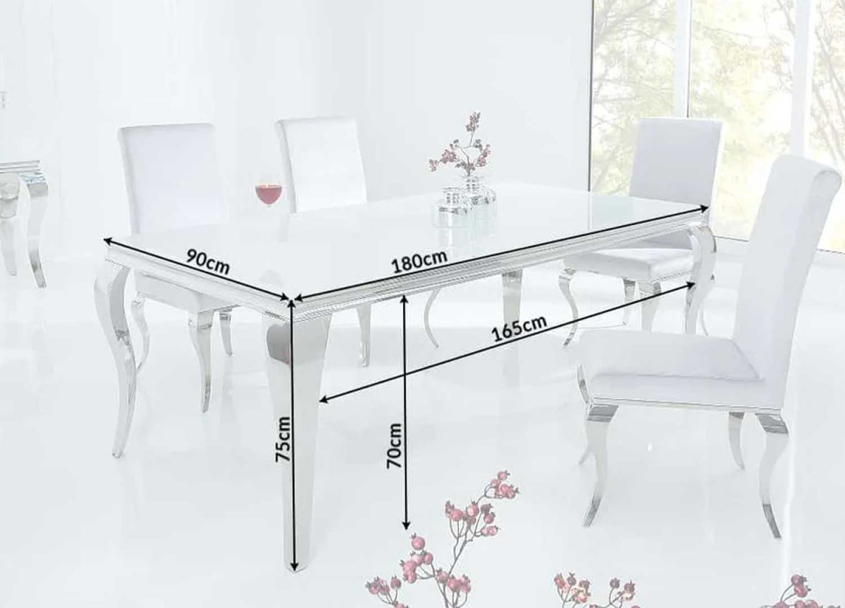 Table à Manger Plateau Verre Blanc, Pieds acier Poli Chromé