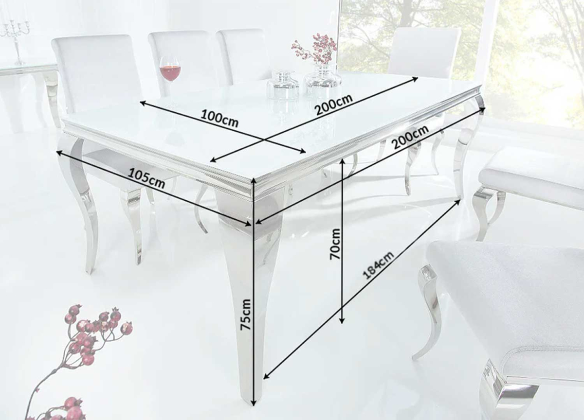 Table à Manger Plateau Verre Blanc, Pieds acier Poli Chromé