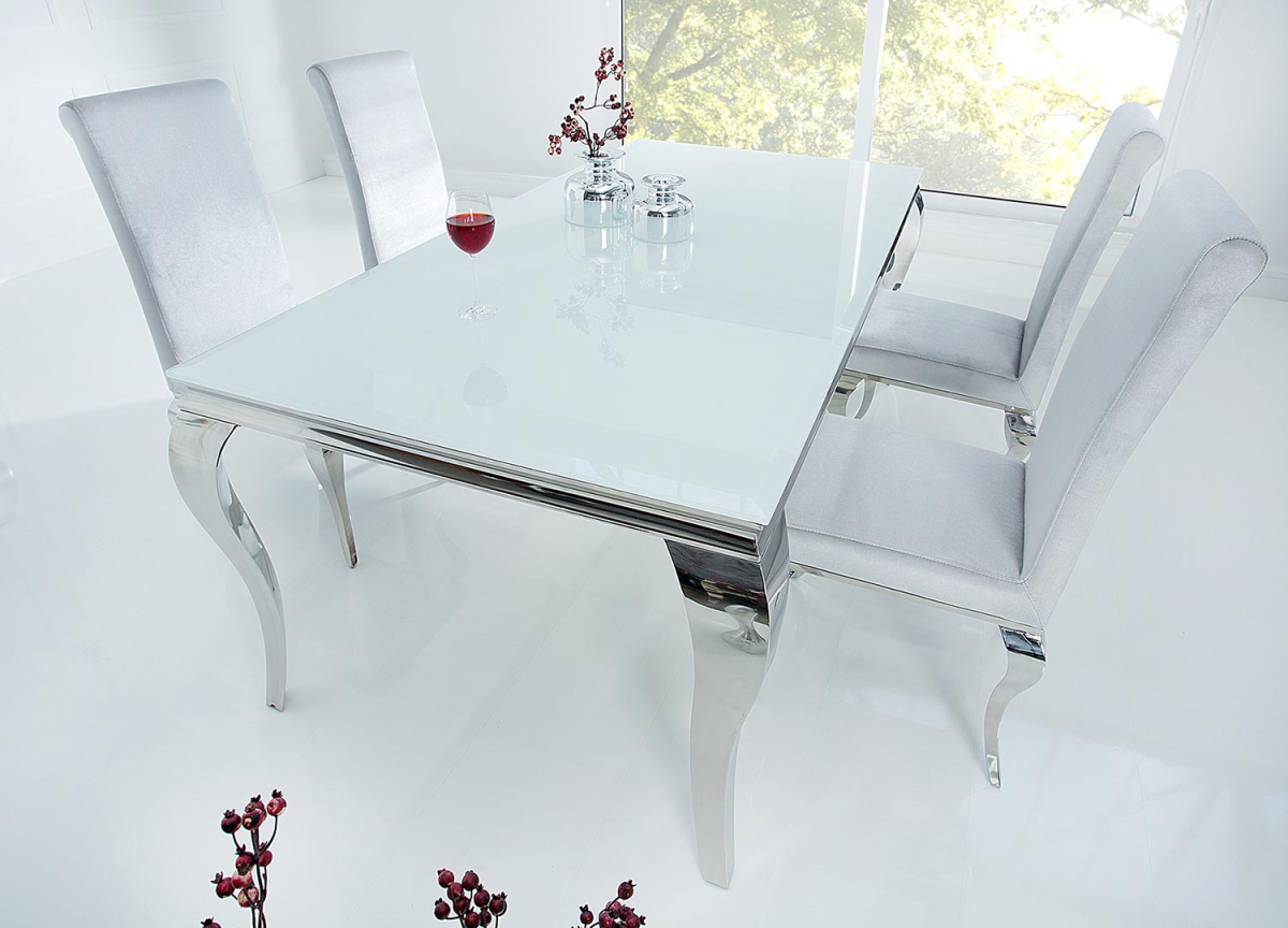 Table à Manger Plateau Verre Blanc, Pieds acier Poli Chromé