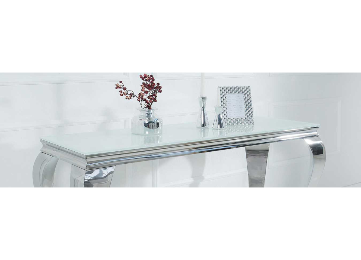 Table à Manger Plateau Verre Blanc, Pieds acier Poli Chromé