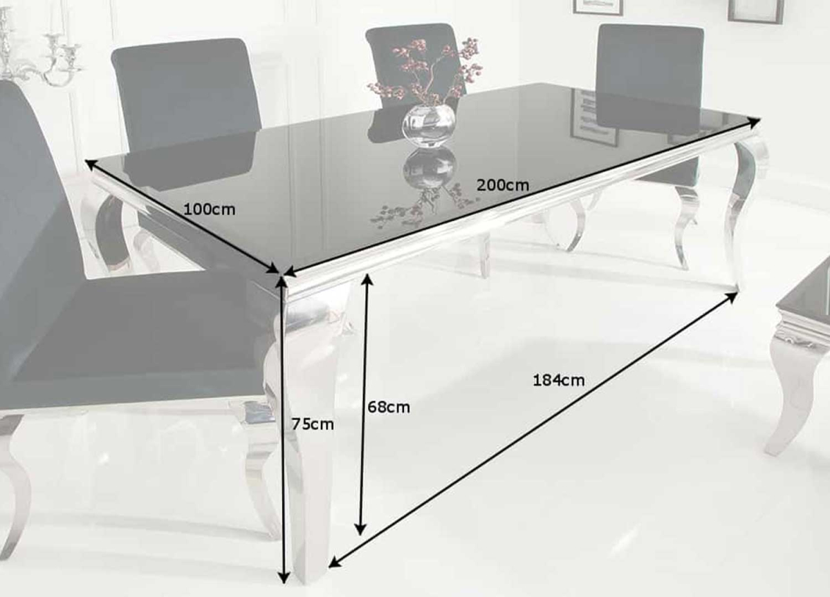 Table Salle à Manger Verre Noir, Pied Métal Chromé - 180 ou 200 cm