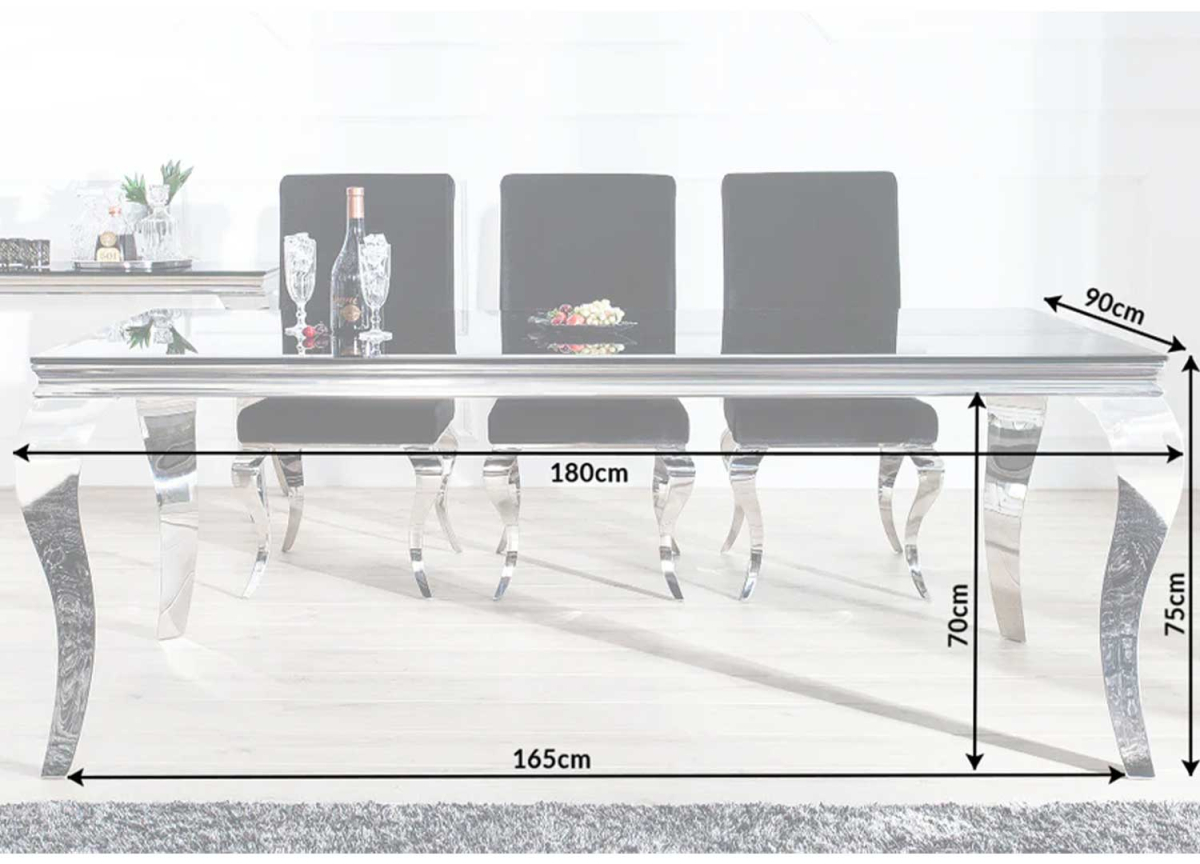 Table Salle à Manger Verre Noir, Pied Métal Chromé - 180 ou 200 cm