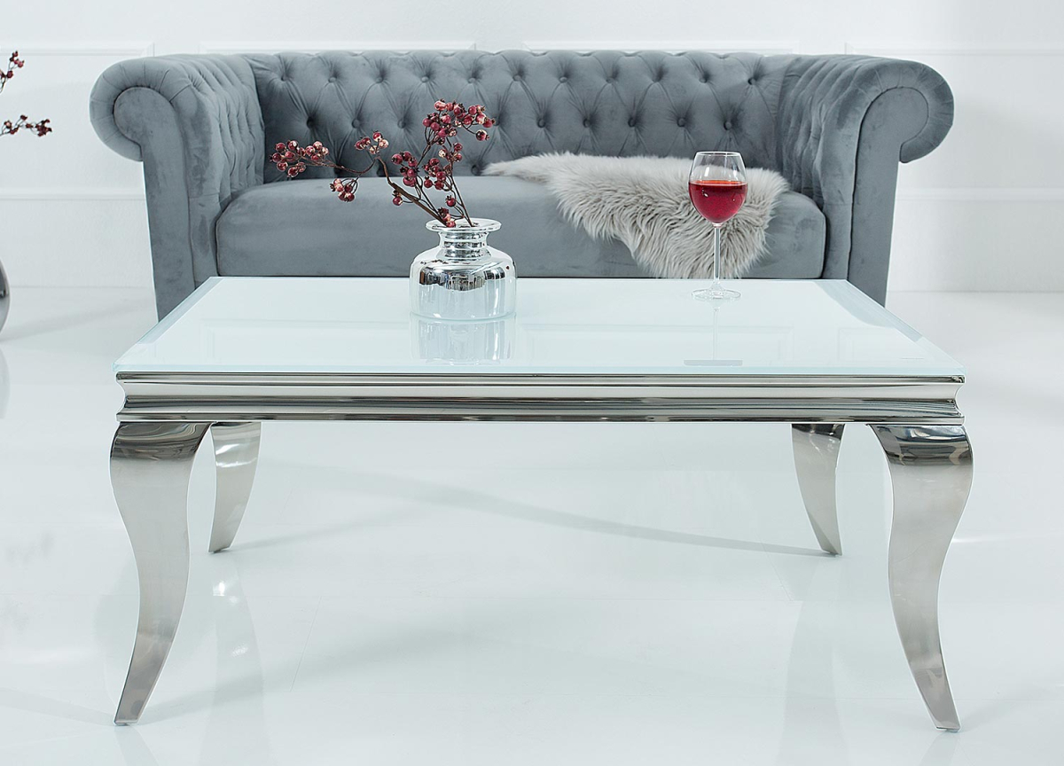 Table basse verre blanc opale et pied chromé
