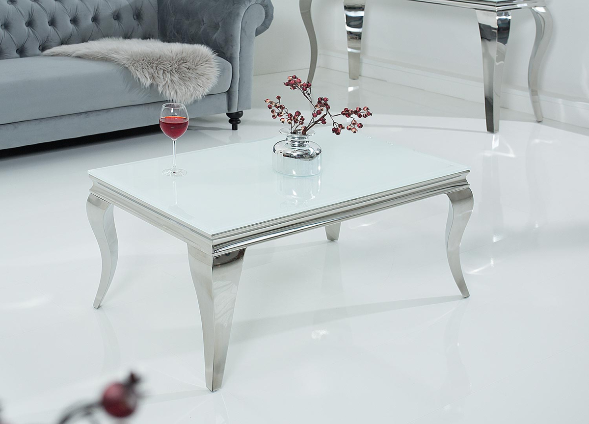 Table basse baroque verre blanc et pied chromé
