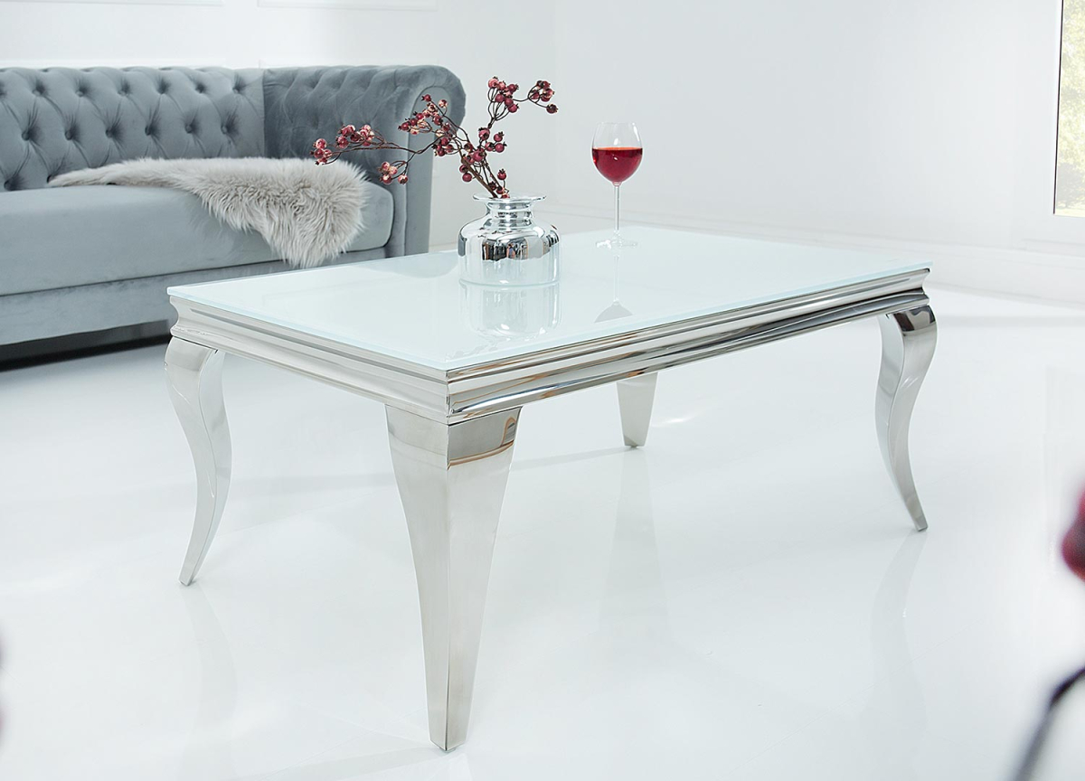 Table de salon moderne verre blanc et pieds chromés