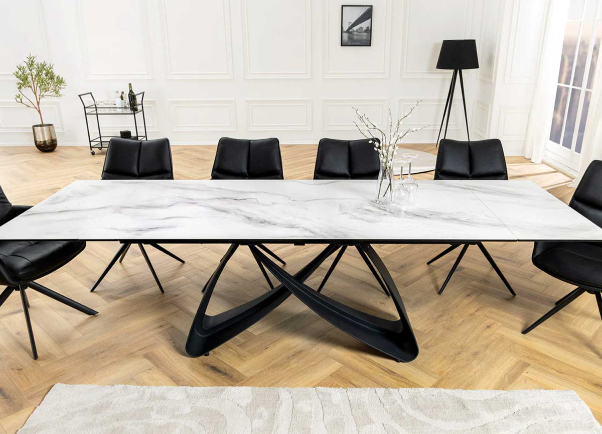 Grande table salle à manger 10 personnes céramique marbre blanc