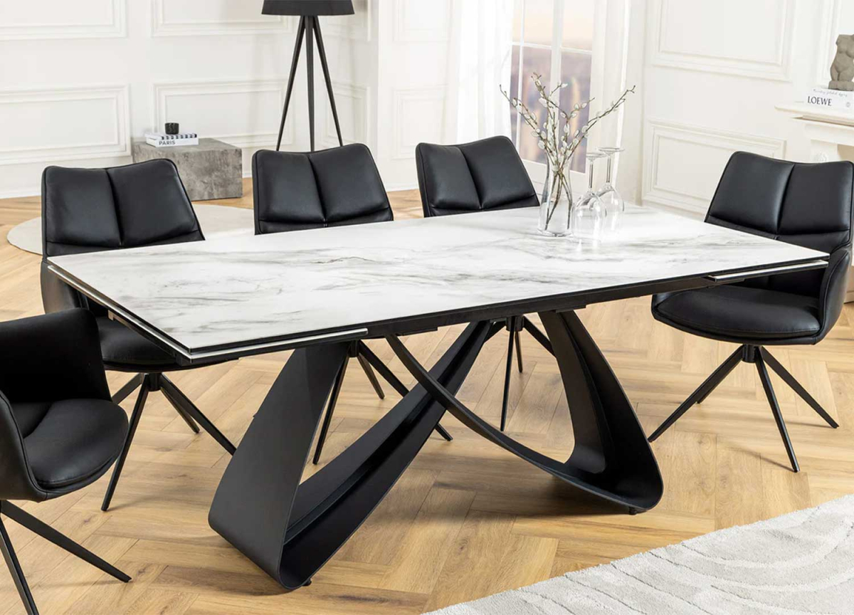 Table salle à manger extensible en céramique aspect marbre blanc
