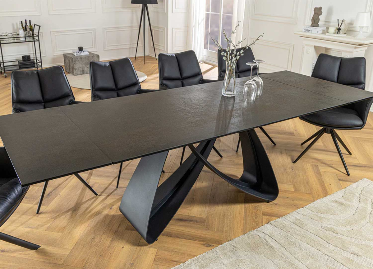 Table salle à manger céramique noir rouille avec allonges 10 à 12 personnes