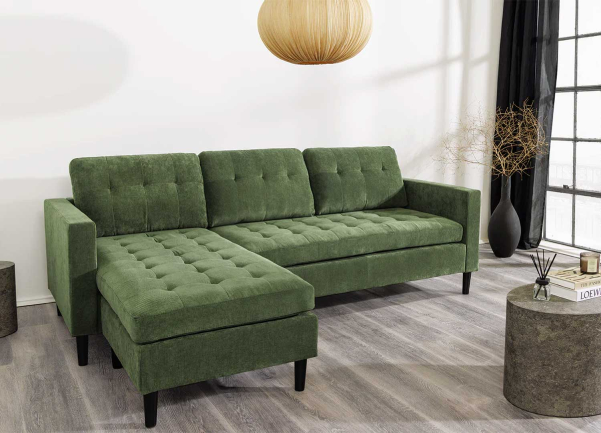 Sofa d'angle pas cher velours côtelé vert trois places
