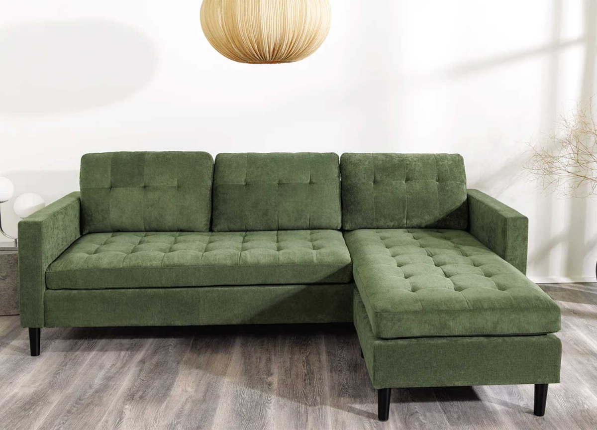 Sofa d'angle gauche ou droite velours vert côtelé pas cher