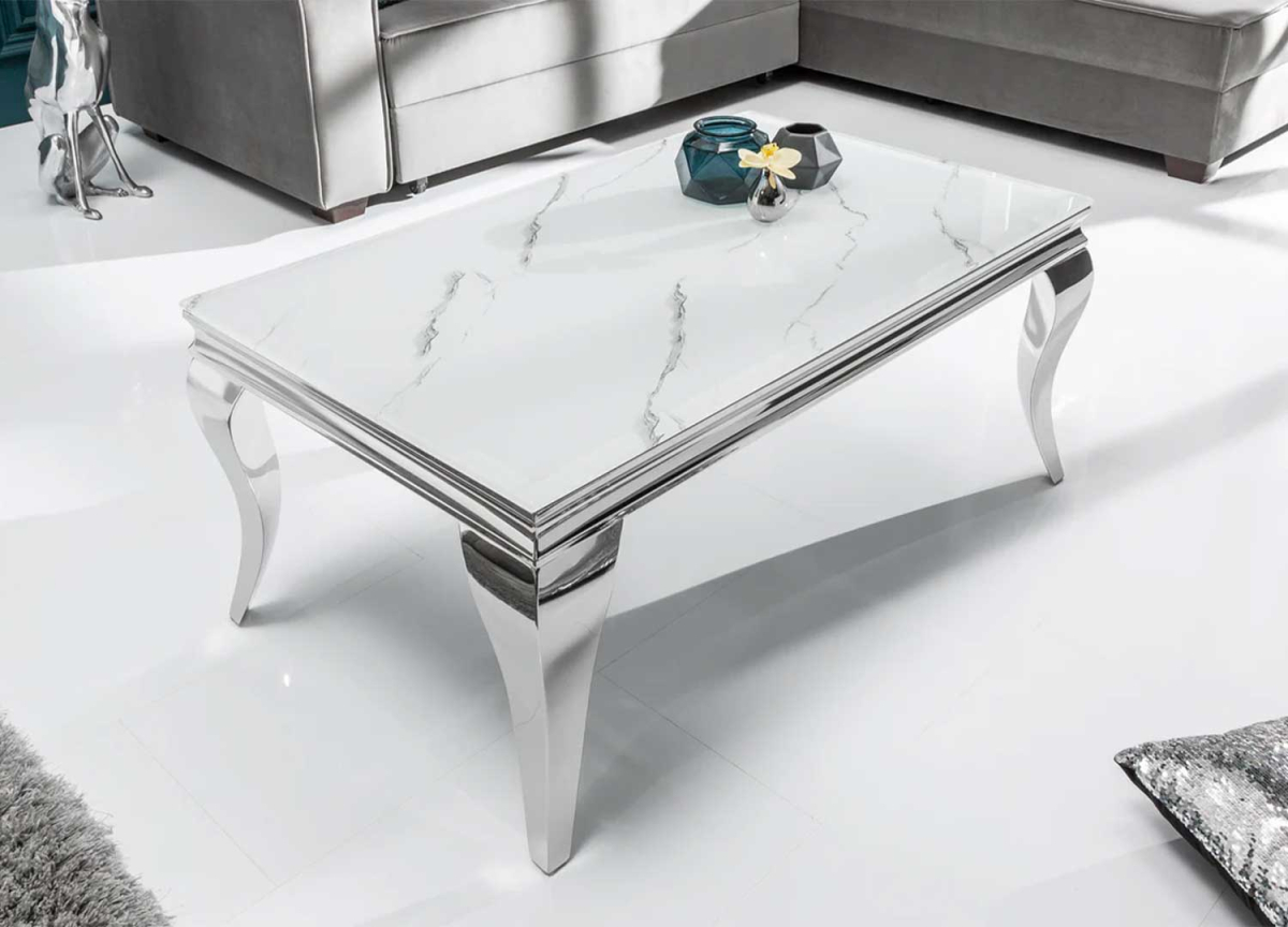 Table basse de salon design verre et métal chromé