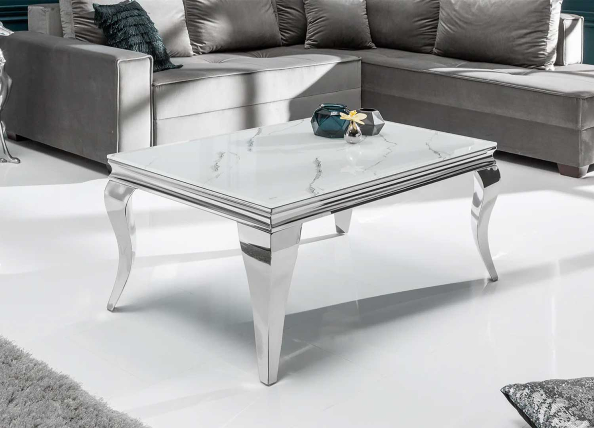 Table basse de salon baroque verre et métal chromé