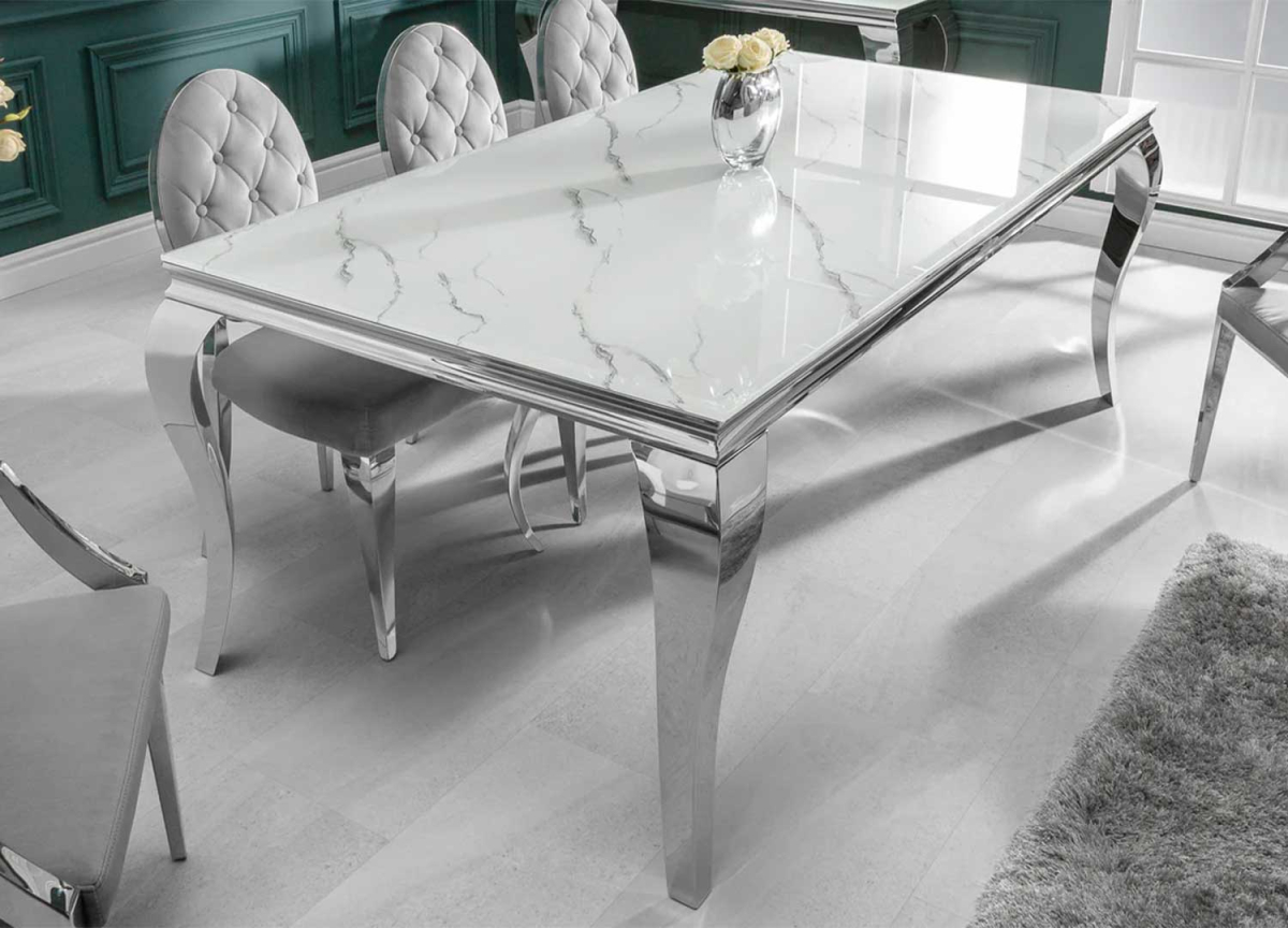 Table salle à manger 180 et 200 cm verre imprimé marbre blanc et pied baroque chromé