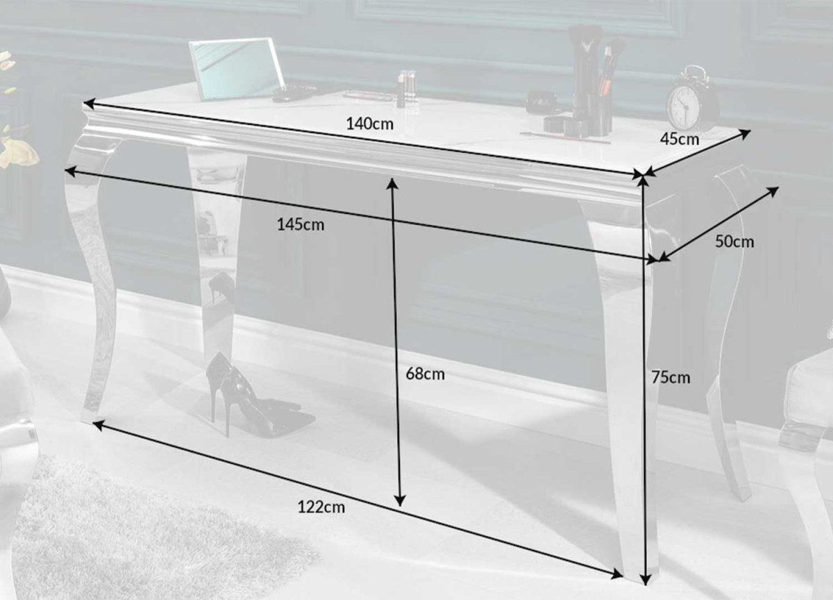 Table Console Verre Imprimé Marbre Blanc, Pied Chromé