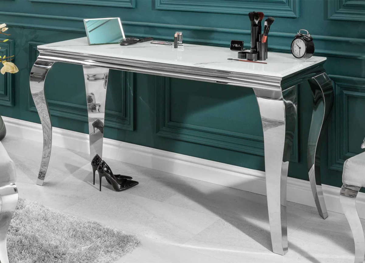 Table console verre marbre blanc et piétement design chromé