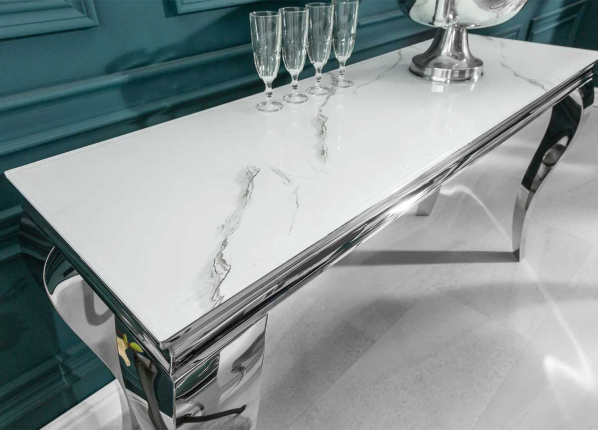 Table Console Verre Imprimé Marbre Blanc, Pied Chromé