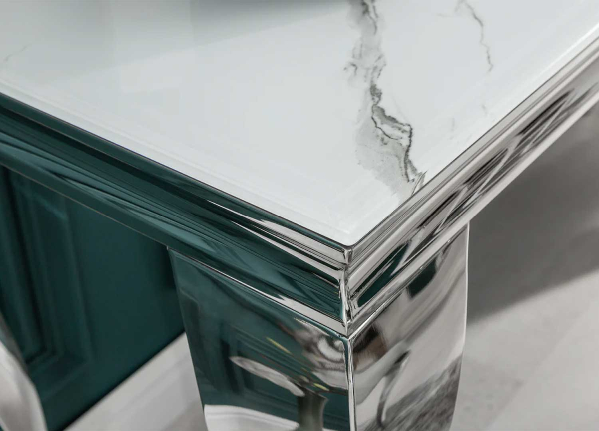 Table Console Verre Imprimé Marbre Blanc, Pied Chromé