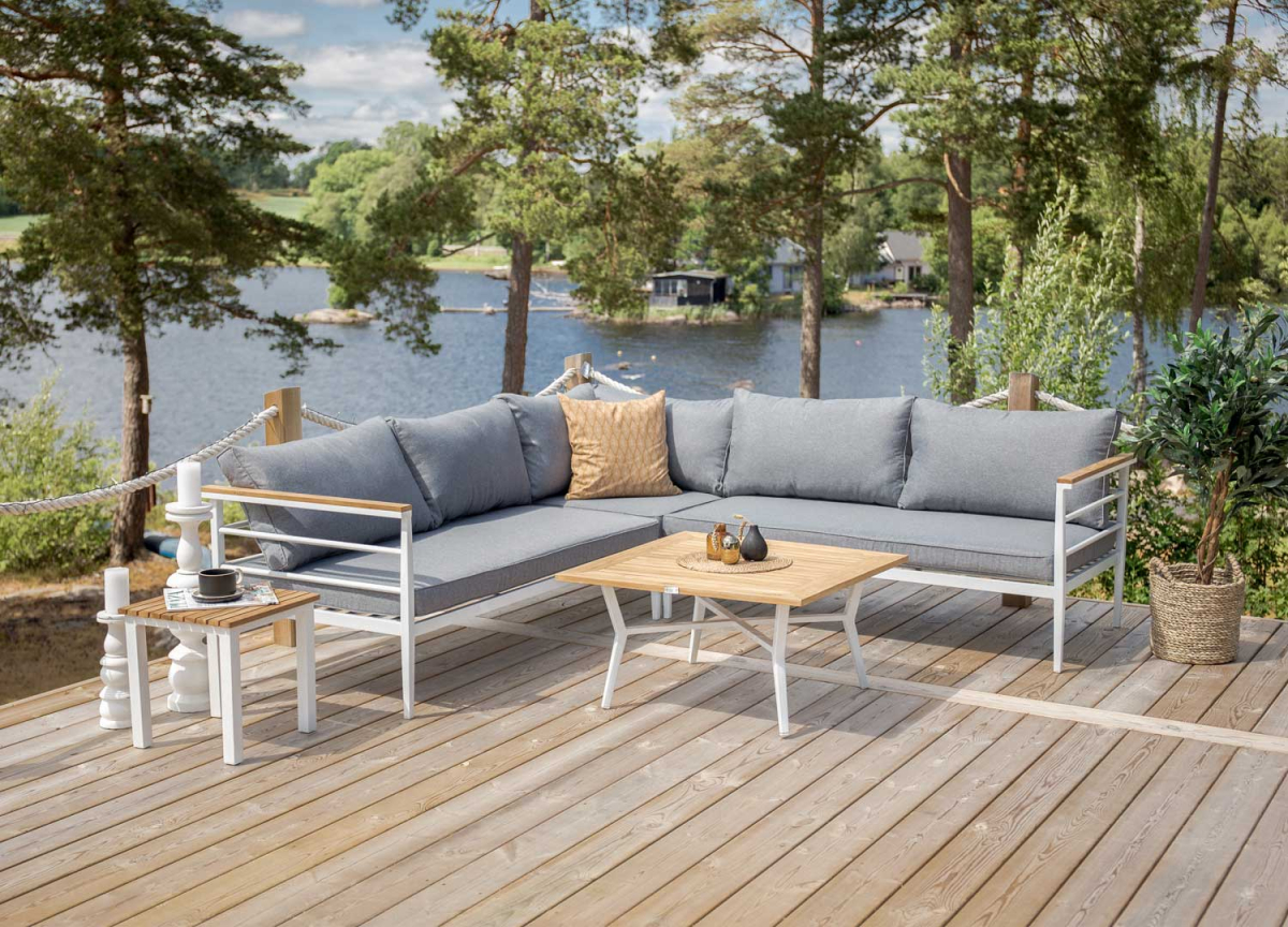 salon de jardin moderne en aluminium blanc et bois masisf