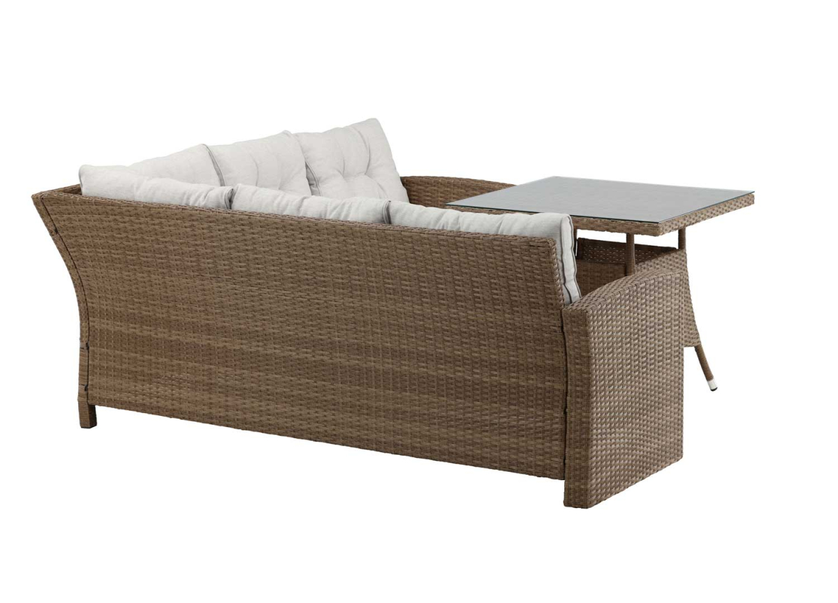 Canapé de jardin tendance rotin et coussins beige sable