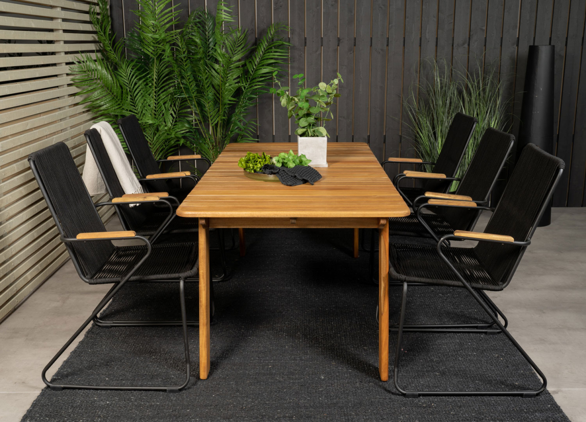 Ensemble table et chaises de jardin tendance en acier noir et corde