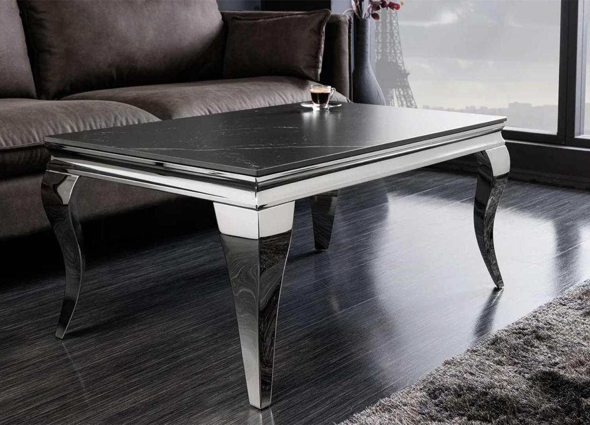 Table basse rectangulaire design look baroque en céramique marbre noir