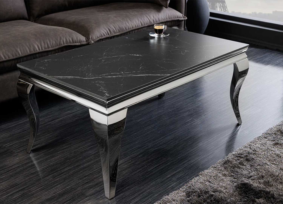 Table basse design look baroque en céramique marbre noir et pied galbé chromé