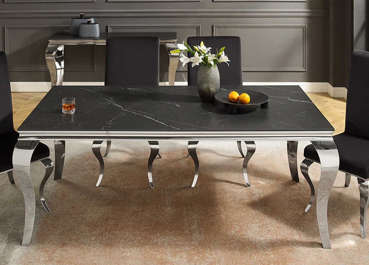 Table de séjour 180 cm en céramique moderne marbre noir et piétement design chromé