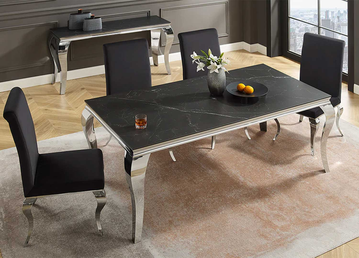 Table salle a manger 180 cm en céramique marbre noir design et piétement moderne en acier chromé