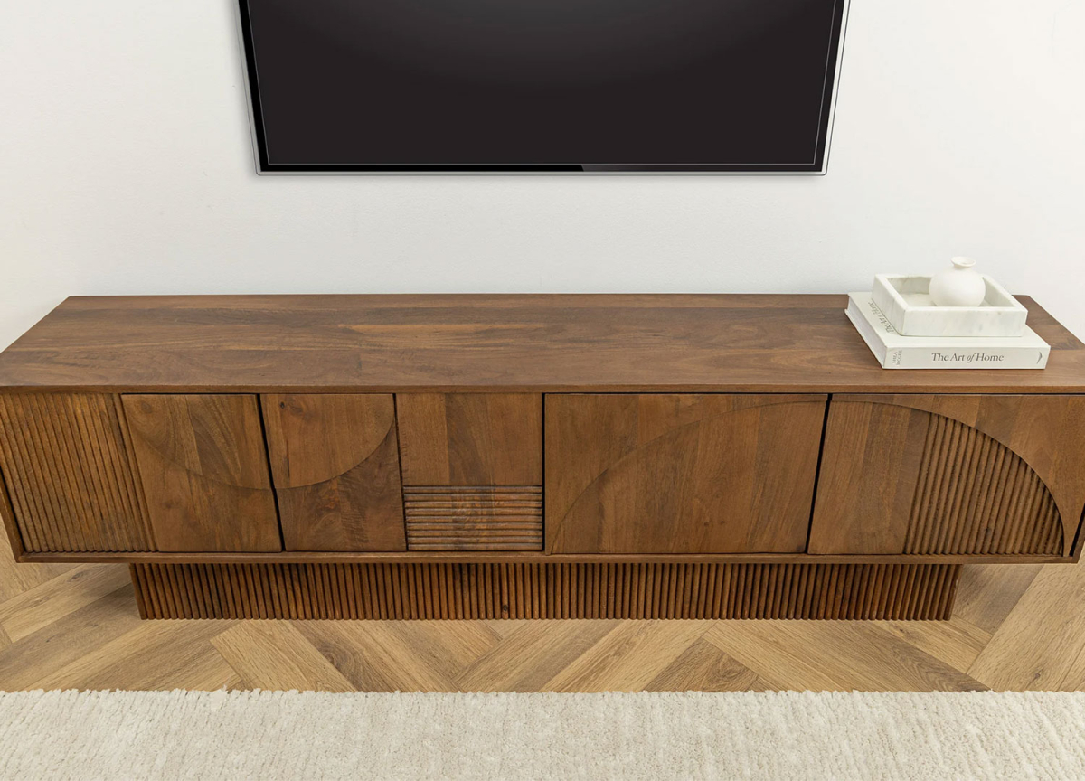 Banc tv art déco 200 cm avec 4 portes sculptées