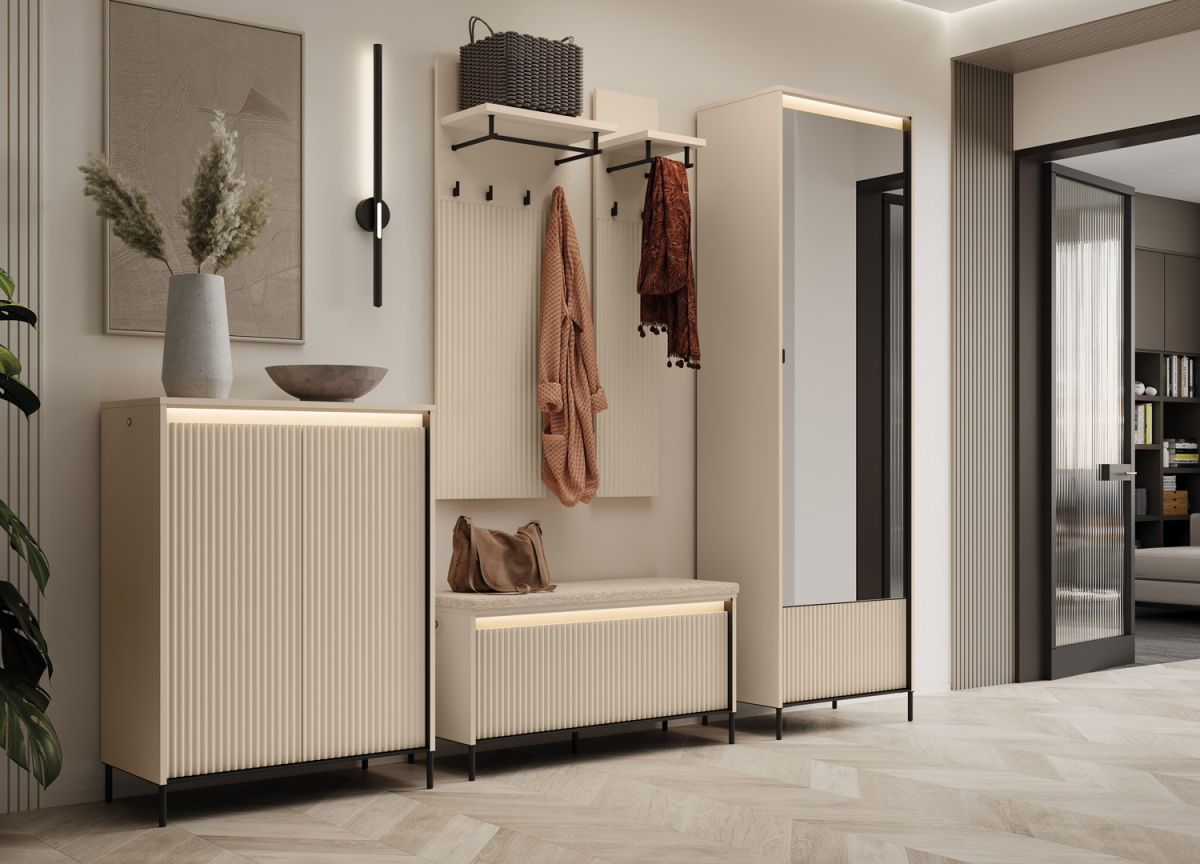 Meubles d'entrée tendance beige et noir avec bandeau led