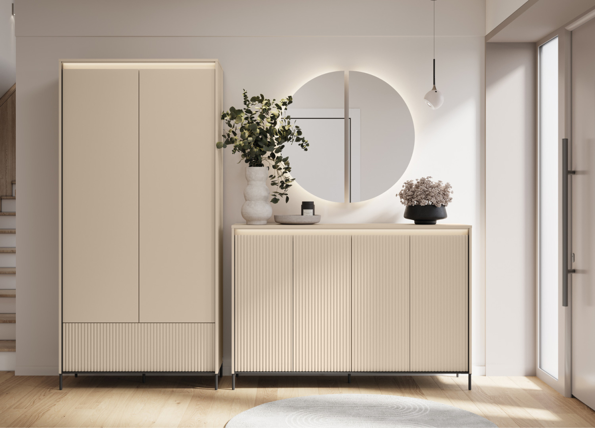 Armoire design moderne couleur beige avec pieds en métal noir