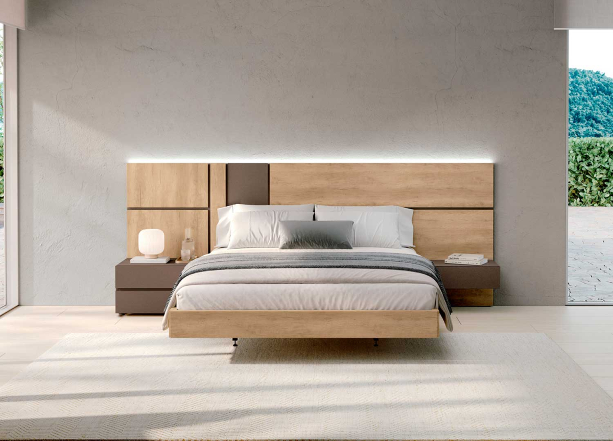 Lit adulte 160 × 200 et 180 × 200 cm avec éclairage LED et chevet intégré suspendu