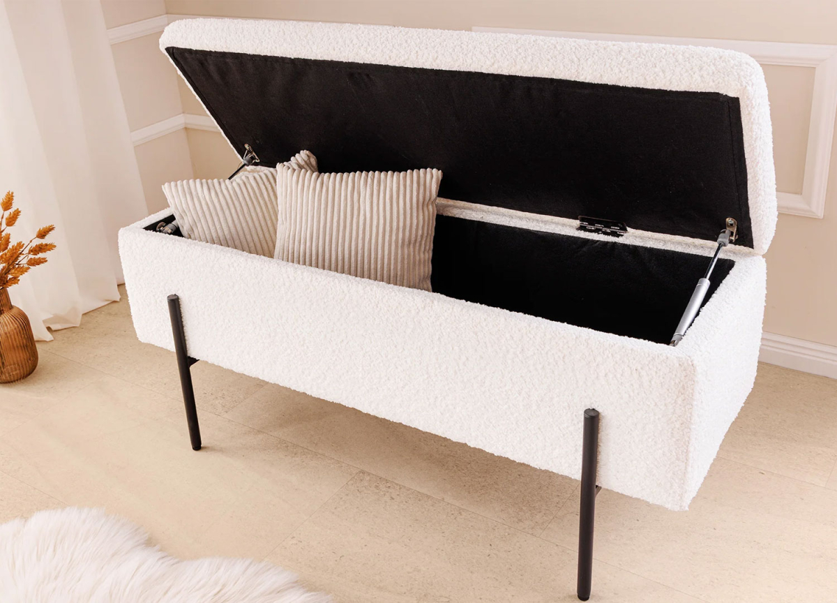 Banc coffre moderne tissu bouclé blanc