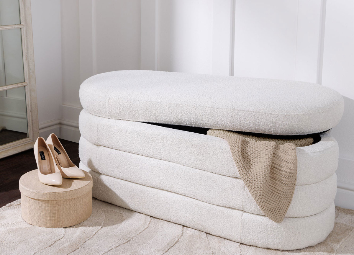 Banc de couloir avec coffre en tissu bouclette