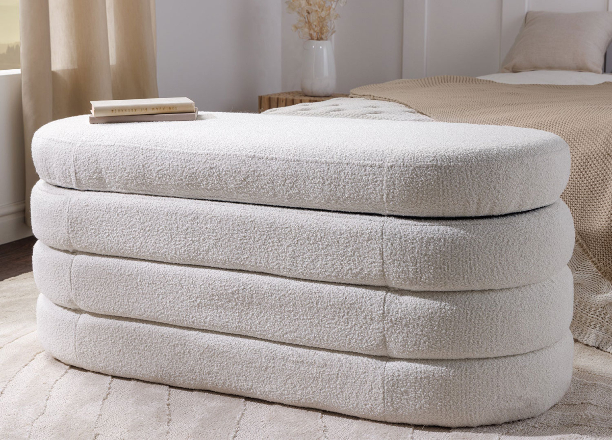 Banquette avec coffre 113 cm tissu bouclé blanc