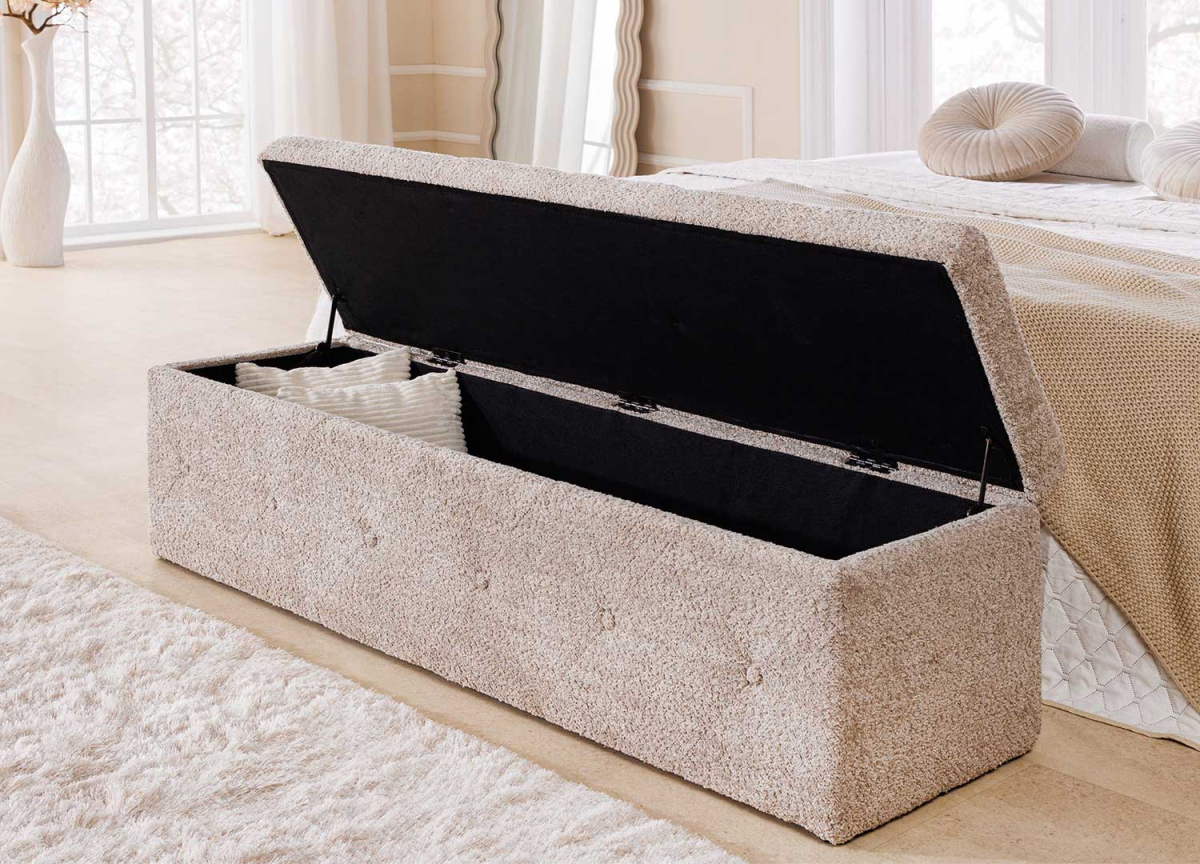 Banquette coffre bout de lit ou couloir en tissu bouclé