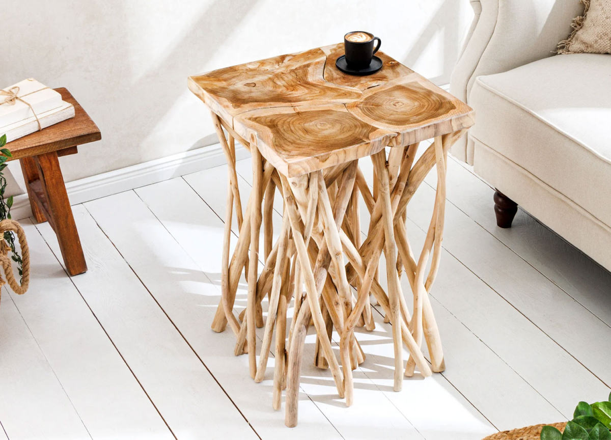 Table d'appoint en teck et bois flotté