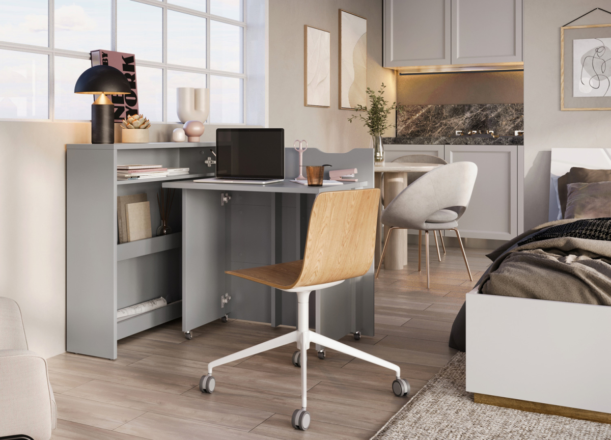 Bureau pliant 90 cm gris avec rangement