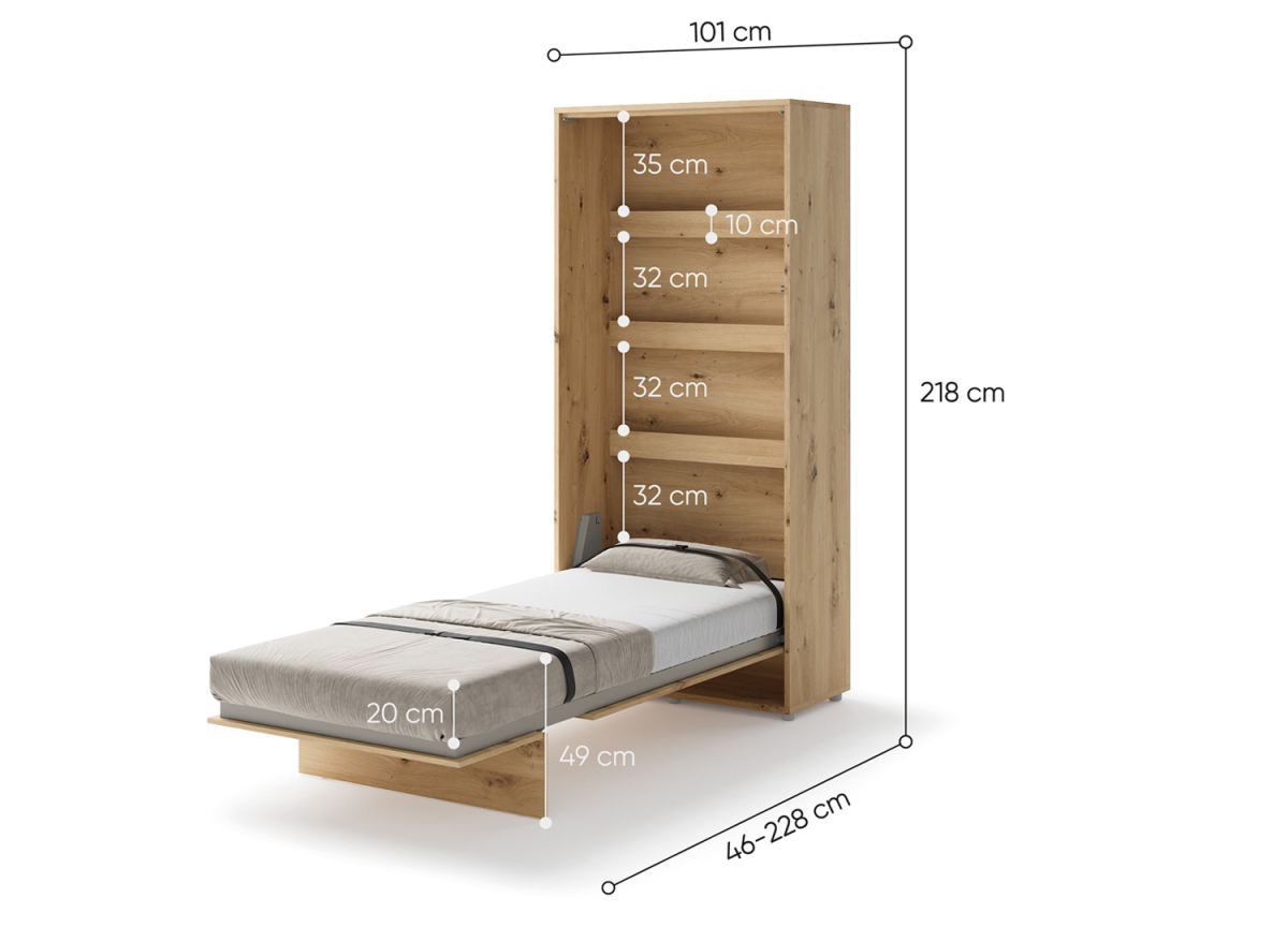 Lit pliable vertical couleur chêne couchage 90x200 cm