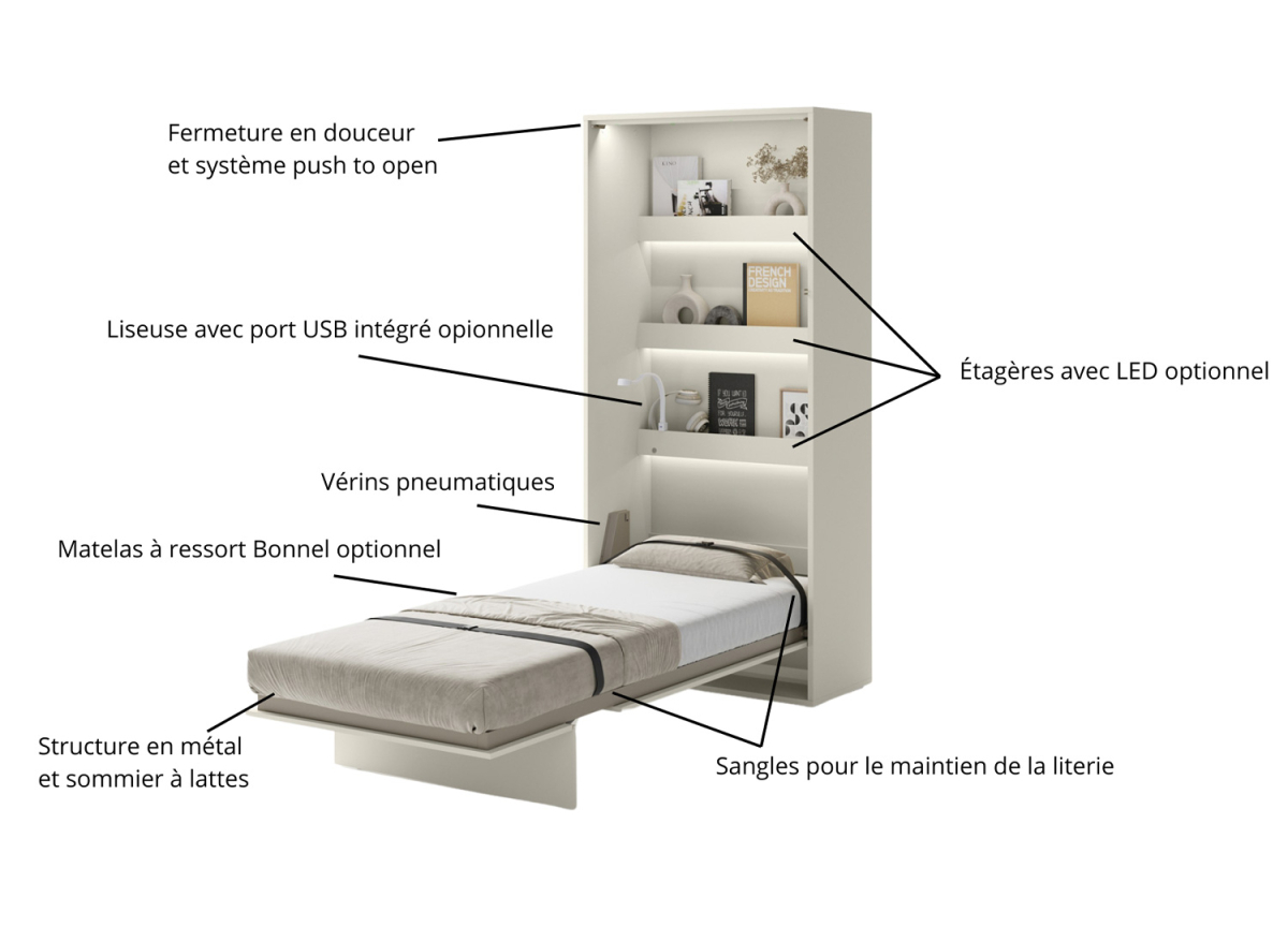 Lit moderne gain de place couleur cachemire 90x200 cm