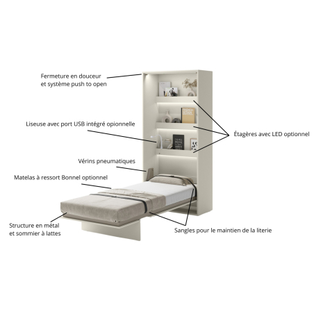 Lit moderne gain de place couleur cachemire 90x200 cm