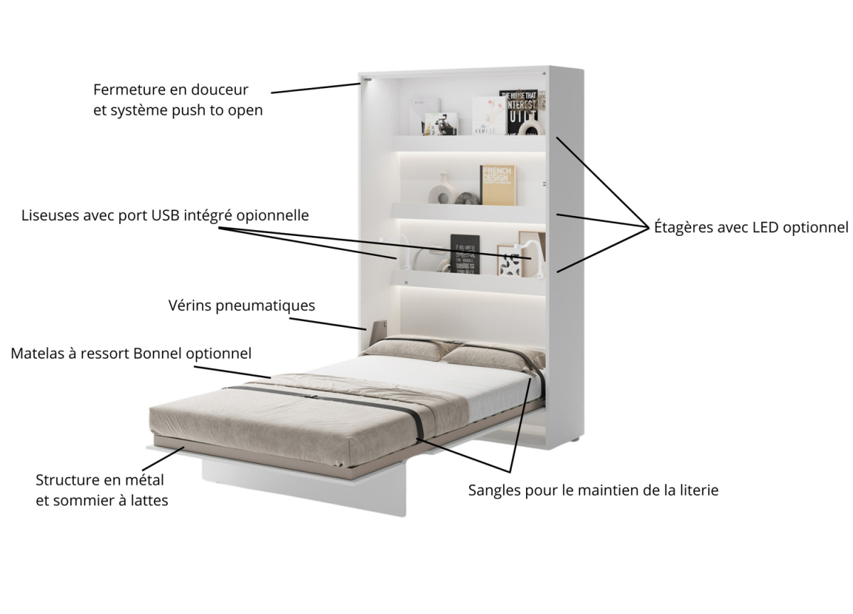 Lit Blanc Brillant Escamotable pour Petit Espace
